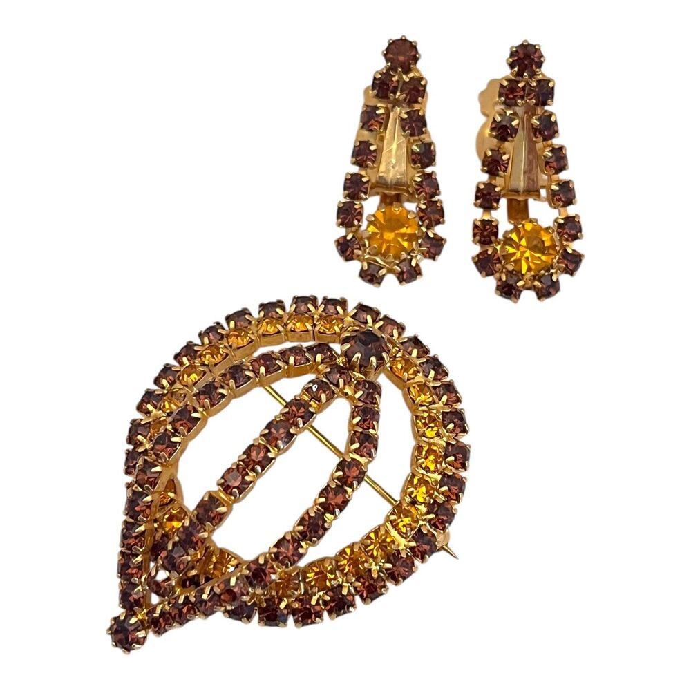 Vintage 1960s Rhinestone Brooch Earring Set Brown Orange Crystals Gold Tone - 5Q